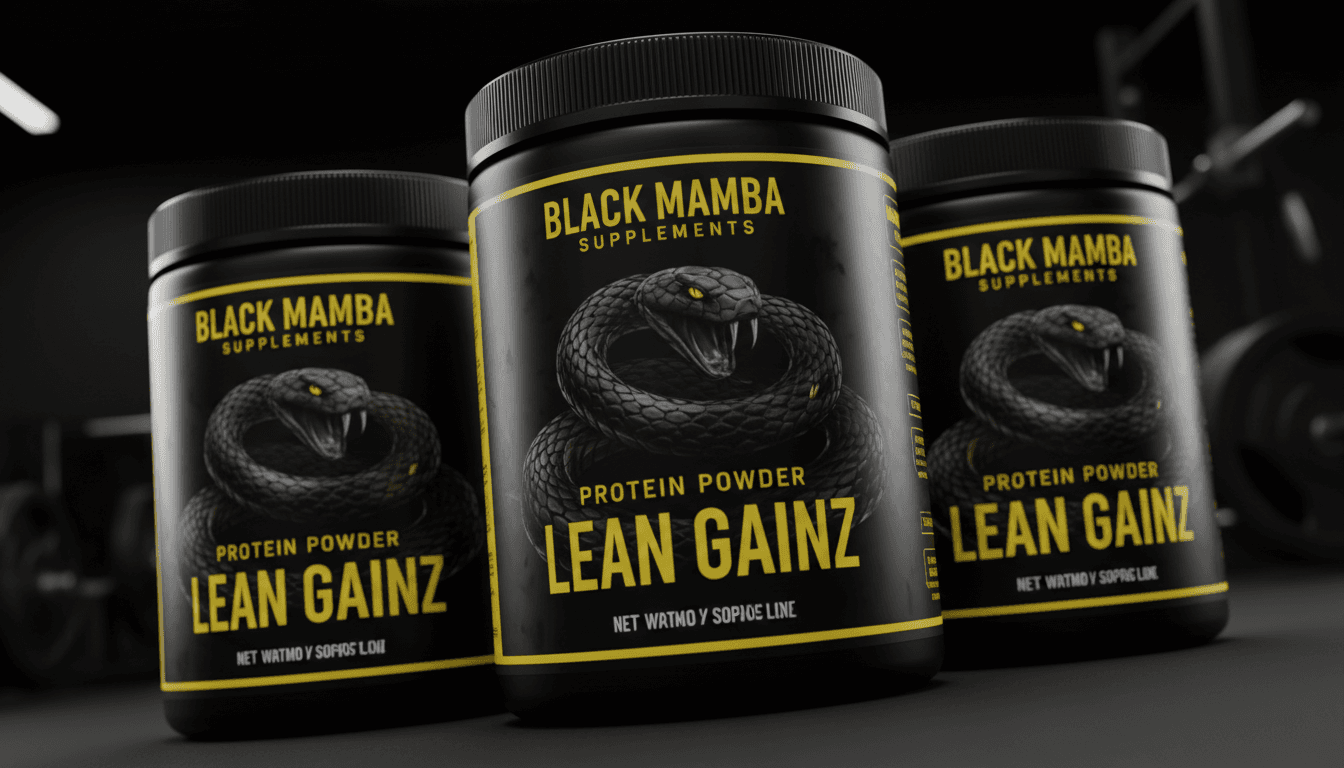 Black Mamba Supplements protein containers with distinctive black mamba branding