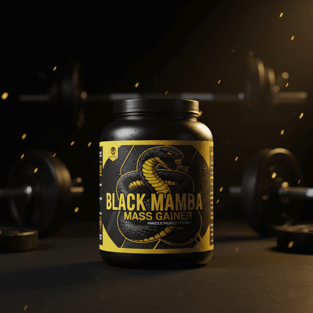 Black Mamba Supplements mass gainer container with black and yellow design