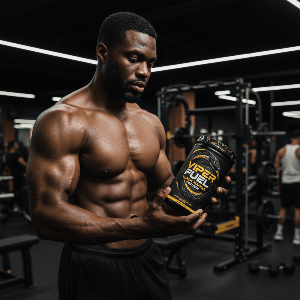Black Mamba Supplements whey protein container in male fitness enthusiast's hands